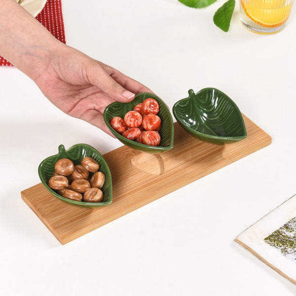 Green Leaf Ceramic Platter Set Of 3 50ml