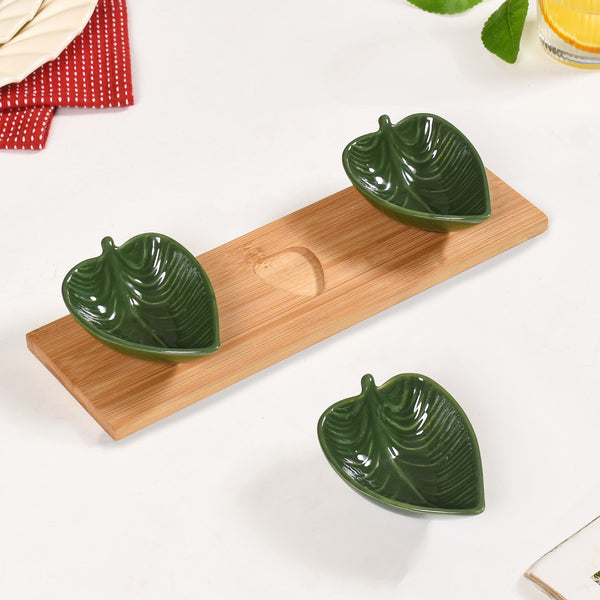 Green Leaf Ceramic Platter Set Of 3 50ml