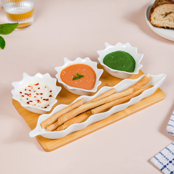 Leaf Ceramic Bowls And Long Plate Set of 4 With Tray