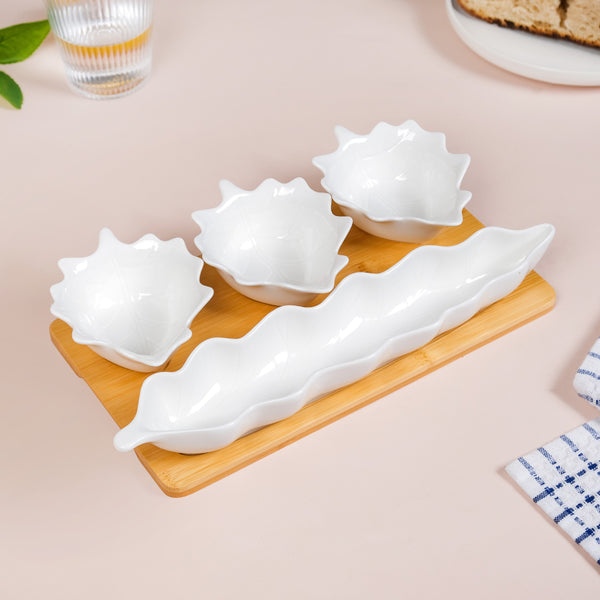 Leaf Ceramic Bowls And Long Plate Set of 4 With Tray