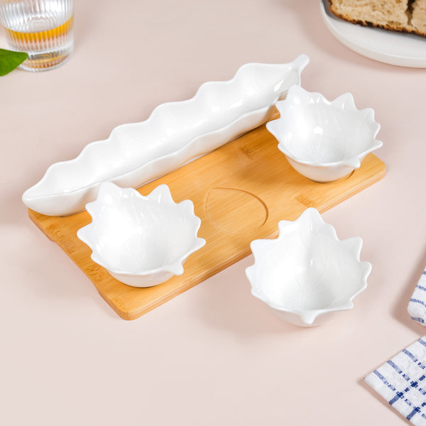 Leaf Ceramic Bowls And Long Plate Set of 4 With Tray