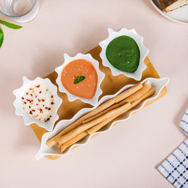 Leaf Ceramic Bowls And Long Plate Set of 4 With Tray