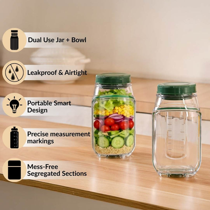Convertible Salad Pod Jar Bowl With Cup Set Of 2 Leakproof 1200ml