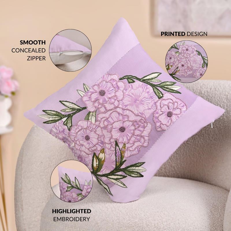 Lilac Meadow Embroidered Cushion Cover 40x40cm
