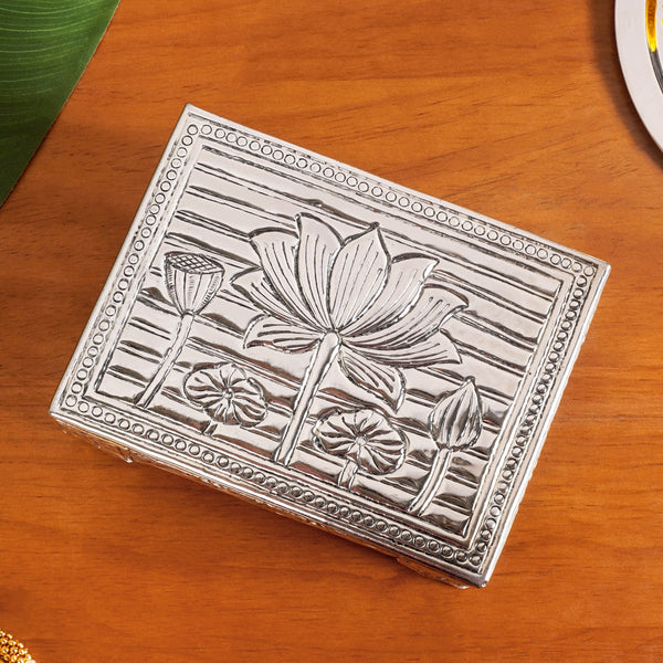 Lotus Design Pure Brass Puja Chowki With Silver Polish 20x15cm