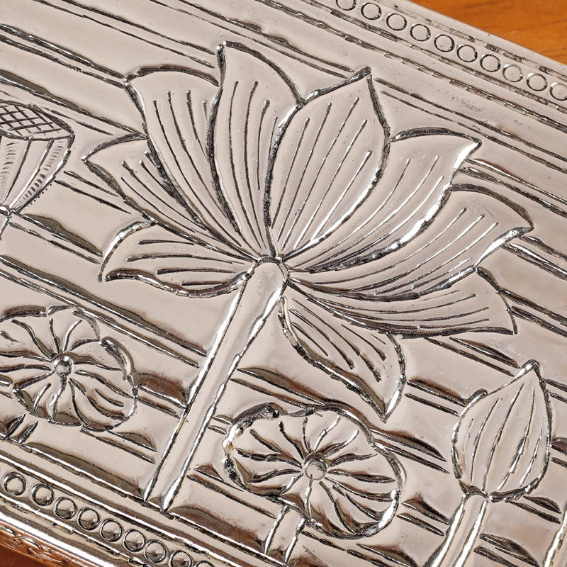 Lotus Design Rectangle Puja Chowki Silver