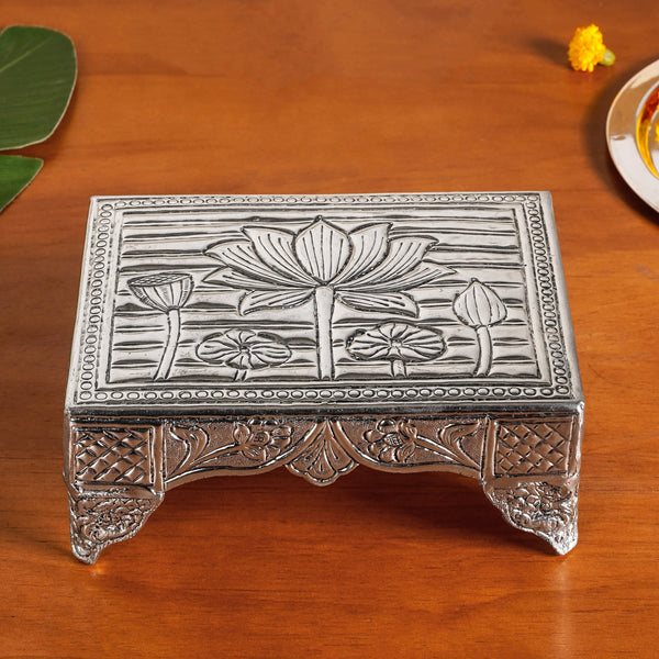 Lotus Design Pure Brass Puja Chowki With Silver Polish 20x15cm