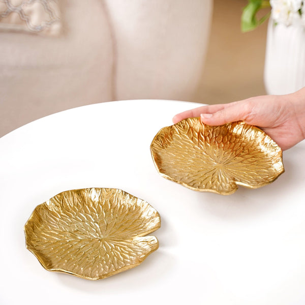 Lotus Leaf Metal Trinket Tray Gold Set Of 2