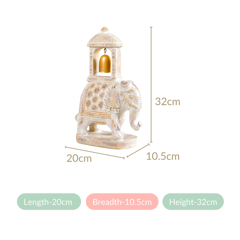 Decorated Elephant With Gold Bell Showpiece White- White Showpiece, Bell Figurine, Decorative Elephant, Home Decor, Ambabari Statue, Bell Ornament