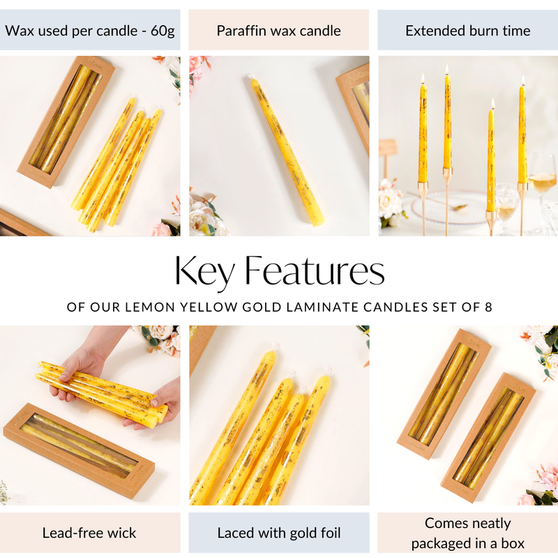 Gold Foil Candles Yellow Set Of 8 - Lemon Yellow Gold Laminate Candles, Lemon Yellow Candles, Gold Laminate Candle Set, Decorative Yellow Candles