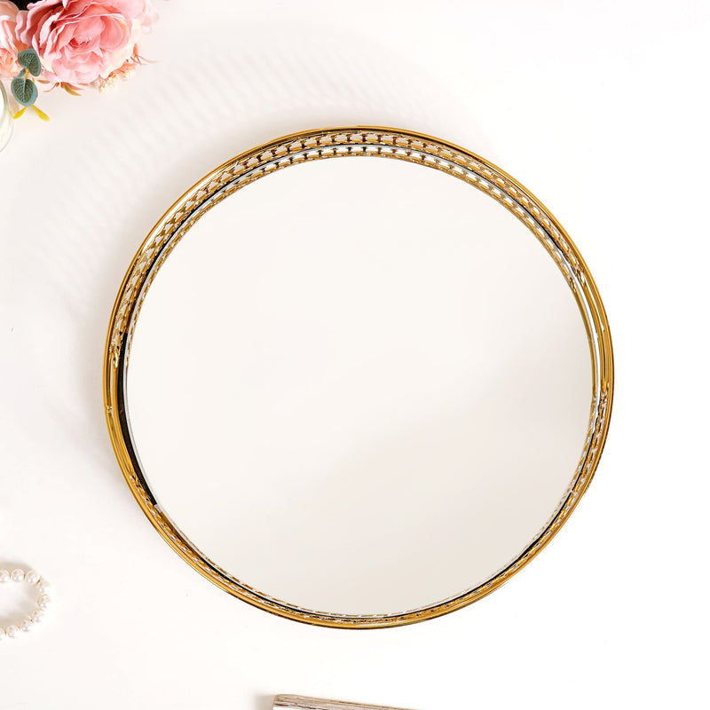 Gold Finish Round Metal Mirror Tray For Decor