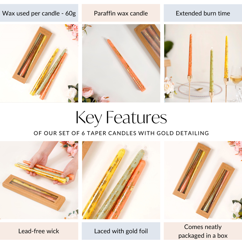 Set Of 6 Taper Candles With Gold Detailing