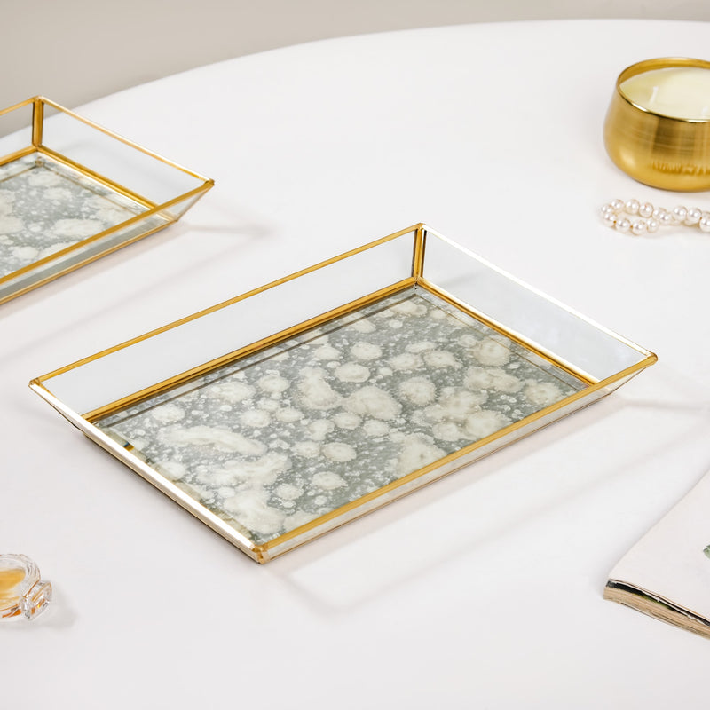 Abstract Design Printed Glass Vanity Tray Set Of 2- Decorative tray, glass tray, trinket tray, gold tray, mirror tray, coffee table tray