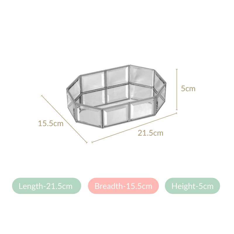 Crystal Mirror Base Vanity Tray Silver Small- Polygon Crystal Vanity Tray, Mirrored Base Tray, Silver Vanity Tray, Decorative Crystal Tray