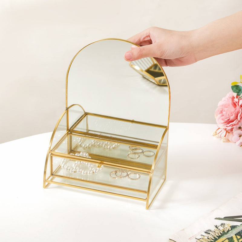 Dressing Table Mirror With Jewellery Box Drawer - Vanity table with mirror, makeup dressing table, luxury mirrored jewelry box, glass storage box