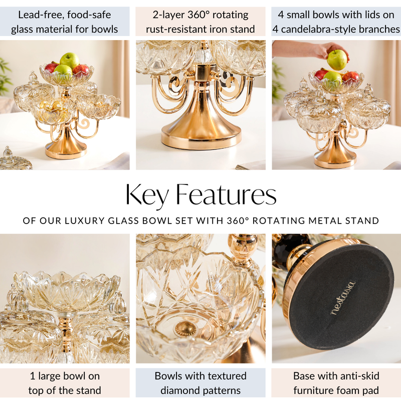 Luxury Glass Bowl Set With 360° Rotating Metal Stand