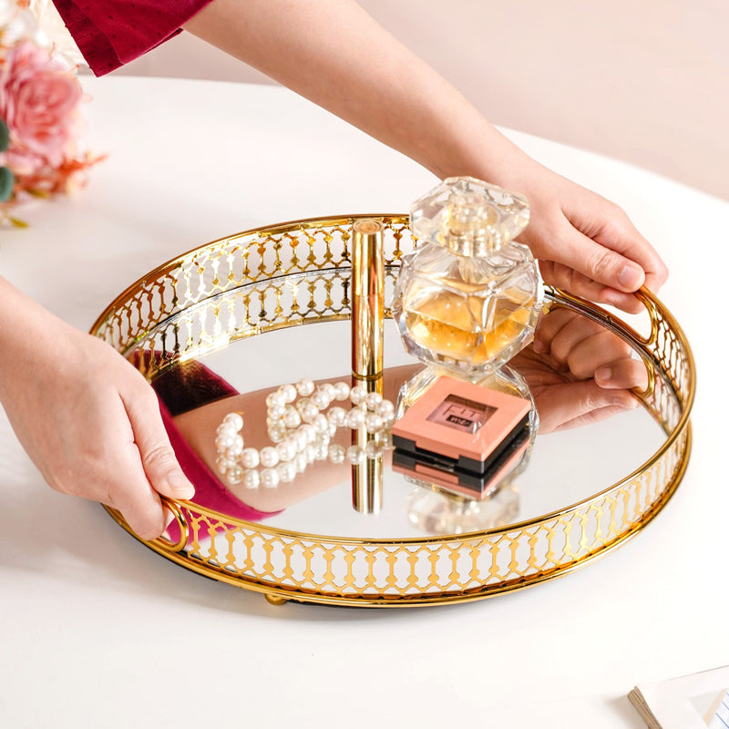 Gold Finish Round Metal Mirror Tray For Decor