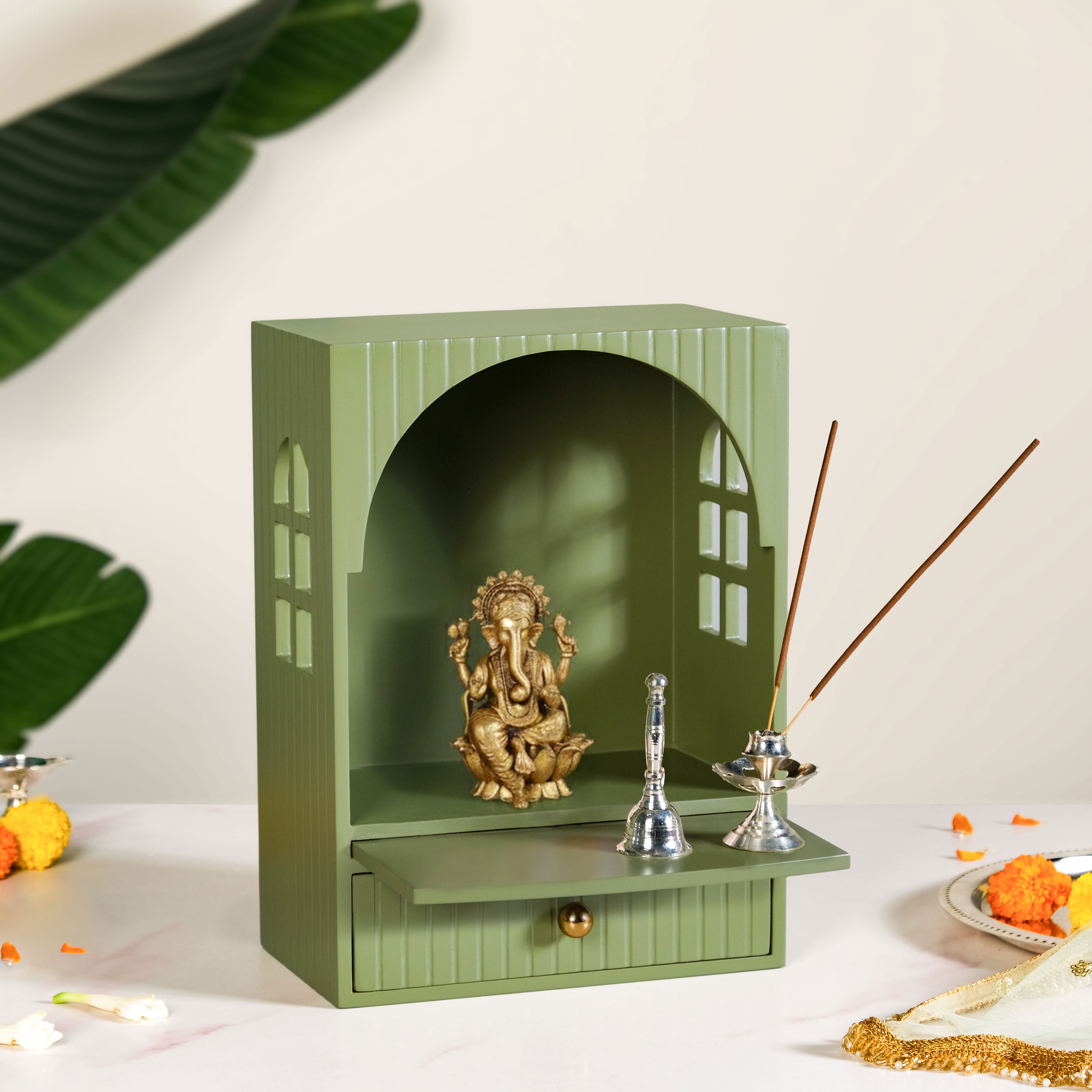 Mahima Wall Mountable Pooja Mandir Green Small 23x13x31cm