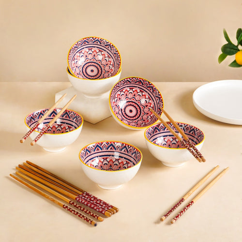Mandala Floral Ceramic Bowl And Chopstick Multicolour Set Of 6