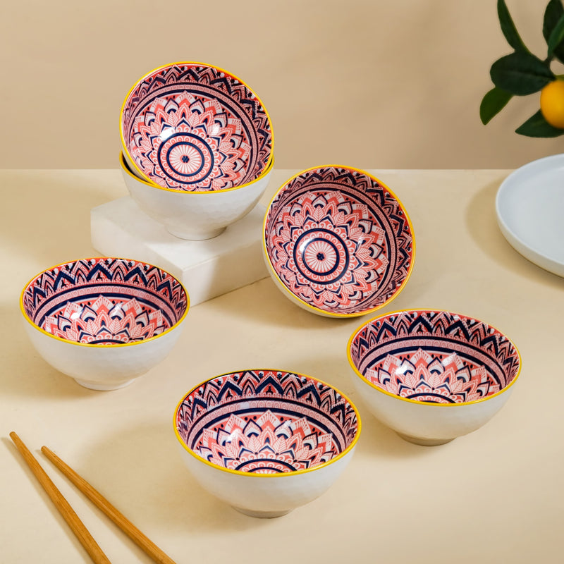 Mandala Floral Ceramic Bowl And Chopstick Multicolour Set Of 6
