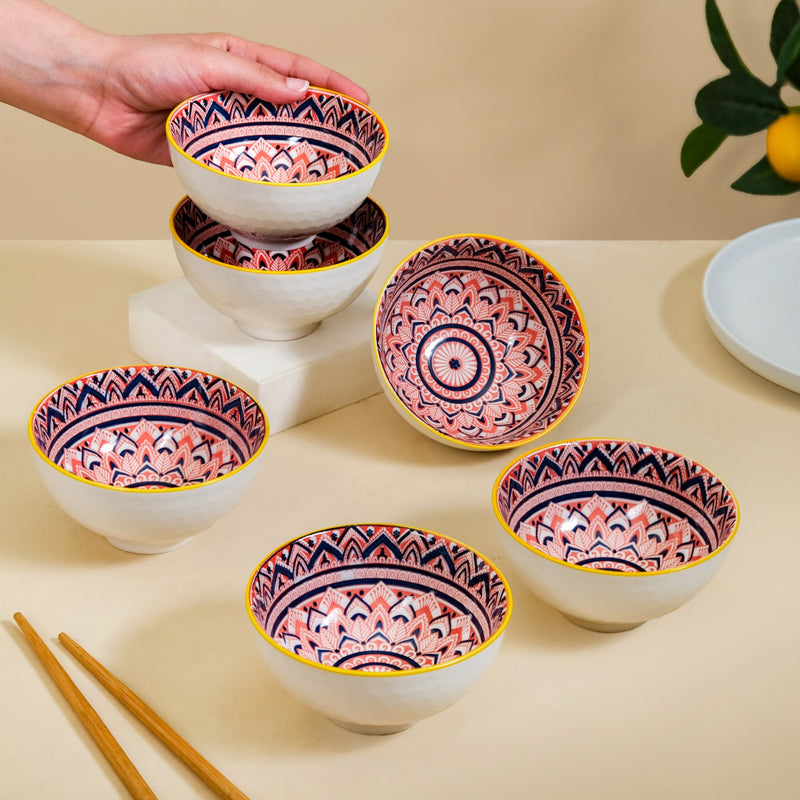 Mandala Floral Ceramic Bowl And Chopstick Multicolour Set Of 6