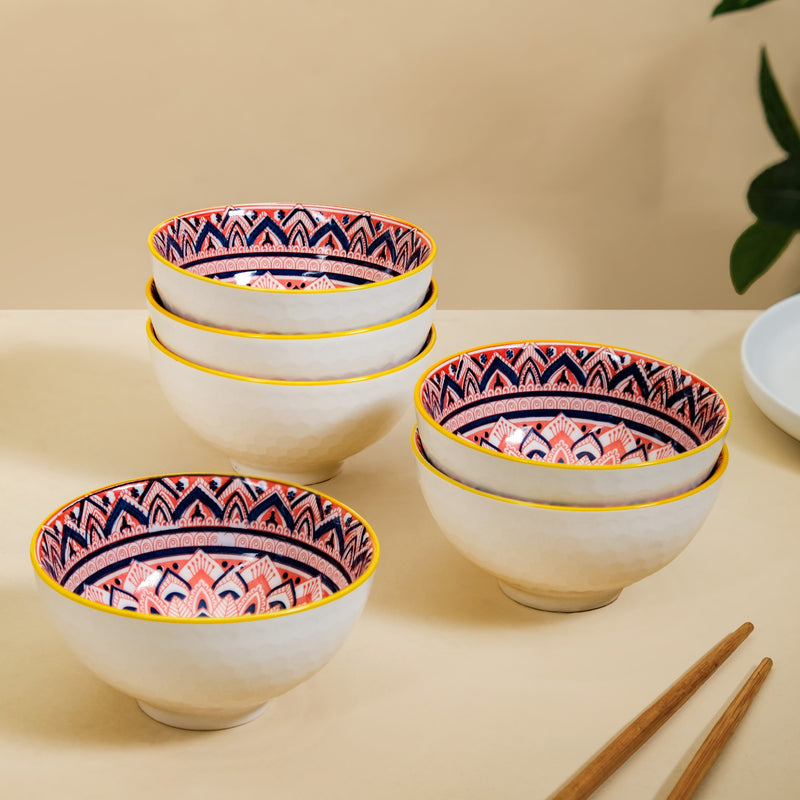 Mandala Floral Ceramic Bowl And Chopstick Multicolour Set Of 6