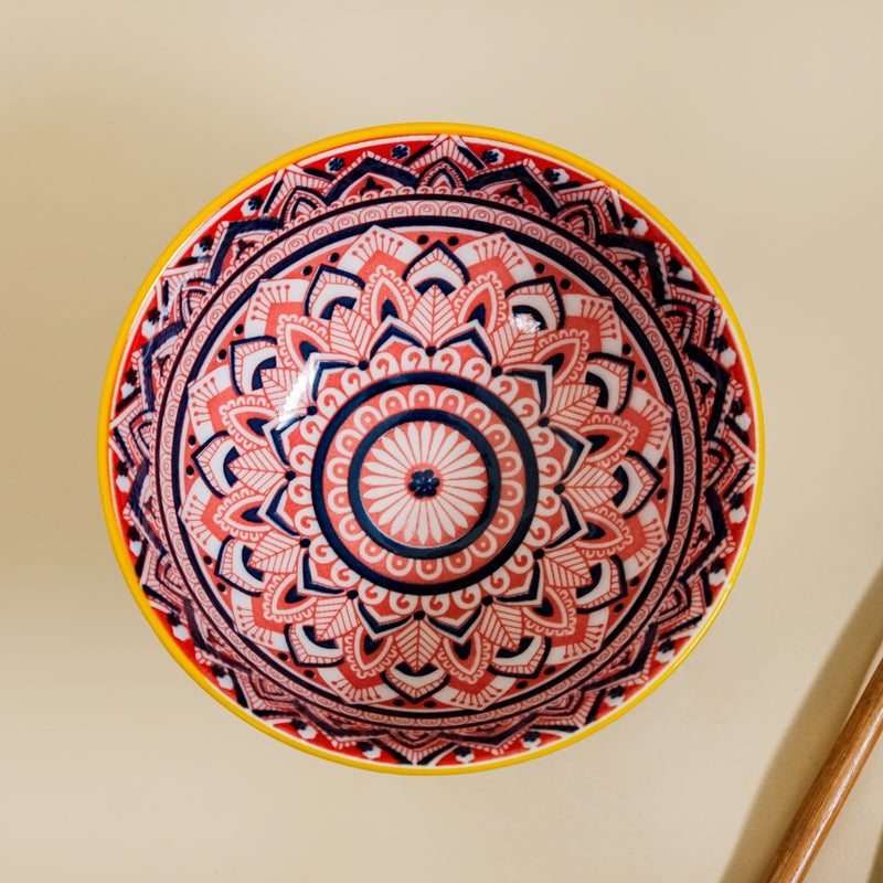Mandala Floral Ceramic Bowl And Chopstick Multicolour Set Of 6
