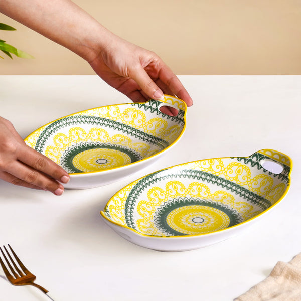 Yellow And Green Mandala Ceramic Platter Set Of 2