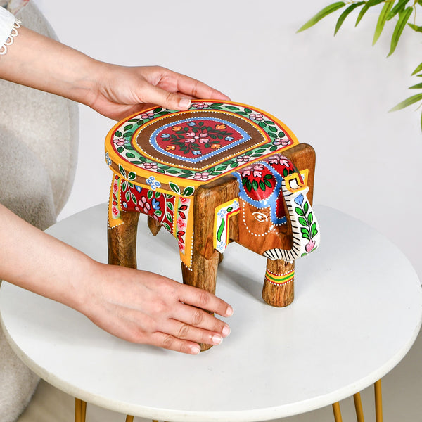 Handpainted Artistry Natural Mango Wood Elephant Riser