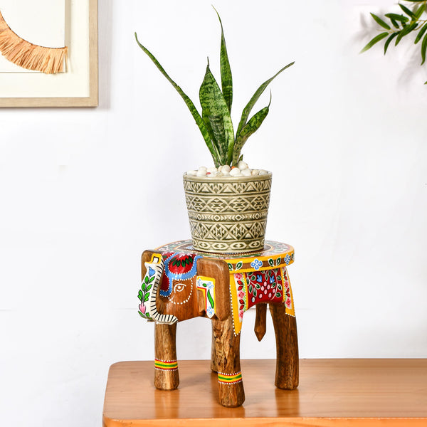 Handpainted Artistry Natural Mango Wood Elephant Riser