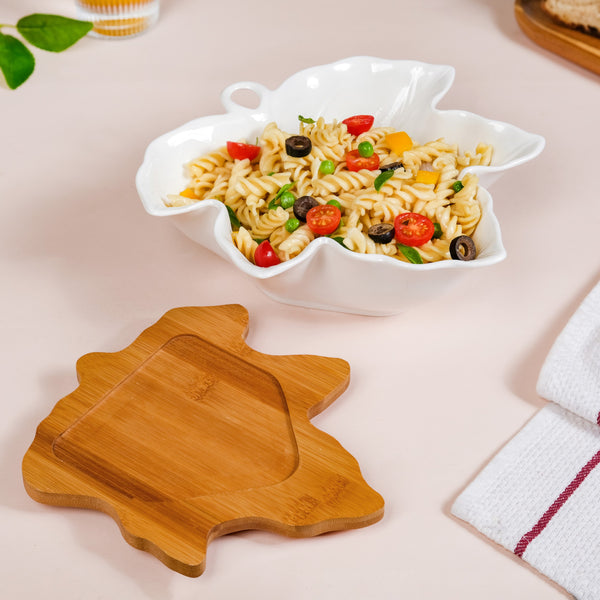 Maple Leaf Serving Bowl With Wooden Cutlery And Tray 1300ml