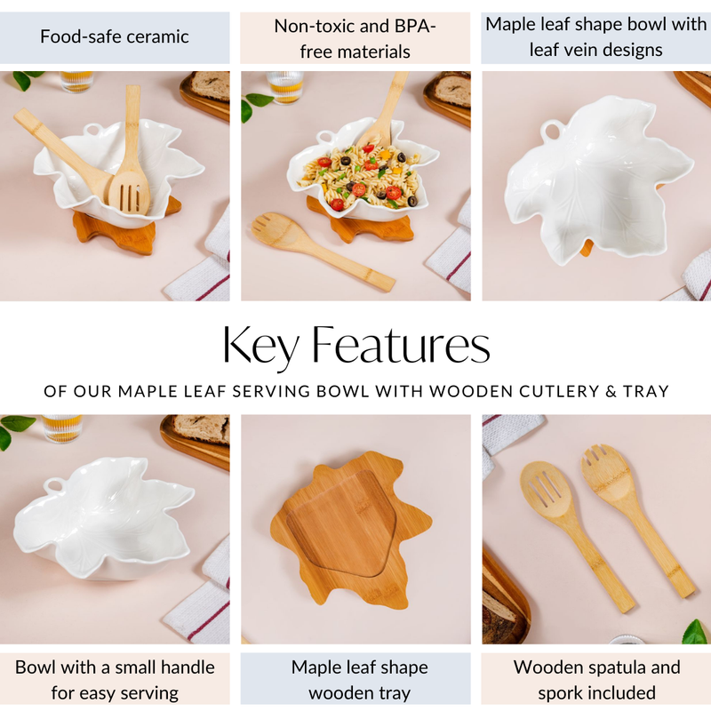 Maple Leaf Serving Bowl With Wooden Cutlery And Tray 1300ml - serving bowl, ceramic tray | Ceramic bowl for home decor 
