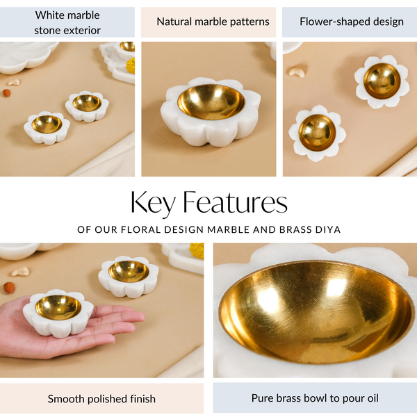 Floral Design Marble And Brass Diya Set Of 2