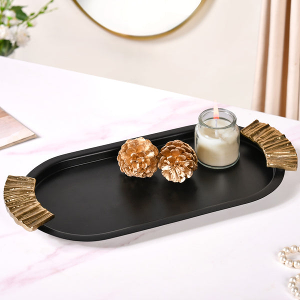 Matte Black Oval Metal Tray With Handles