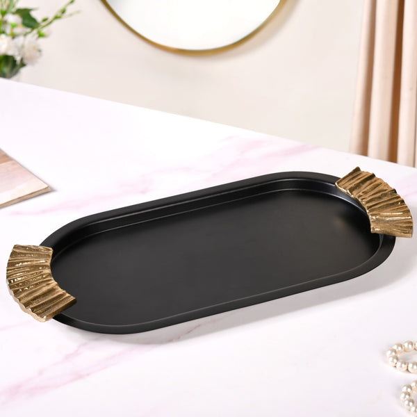 Matte Black Oval Metal Tray With Handles