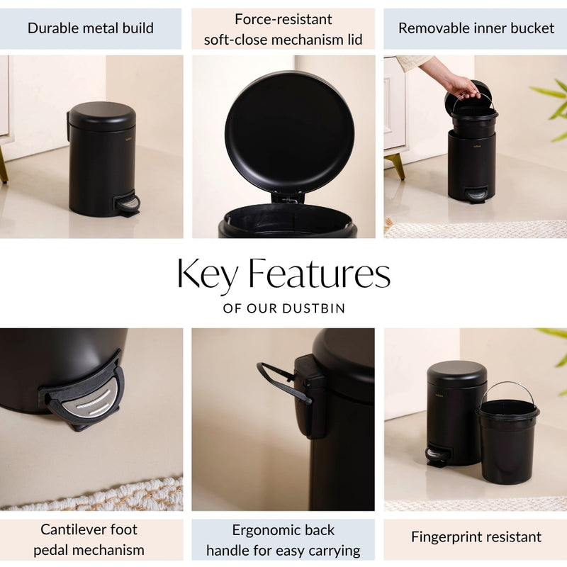 Clean Curve Dustbin With Removable Bucket Black 3000ml