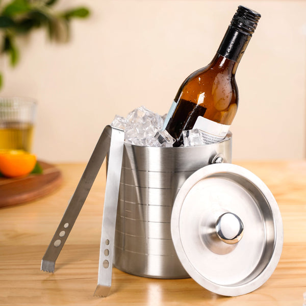 Pinstripe Stainless Steel Ice Bucket With Tongs 2000ml