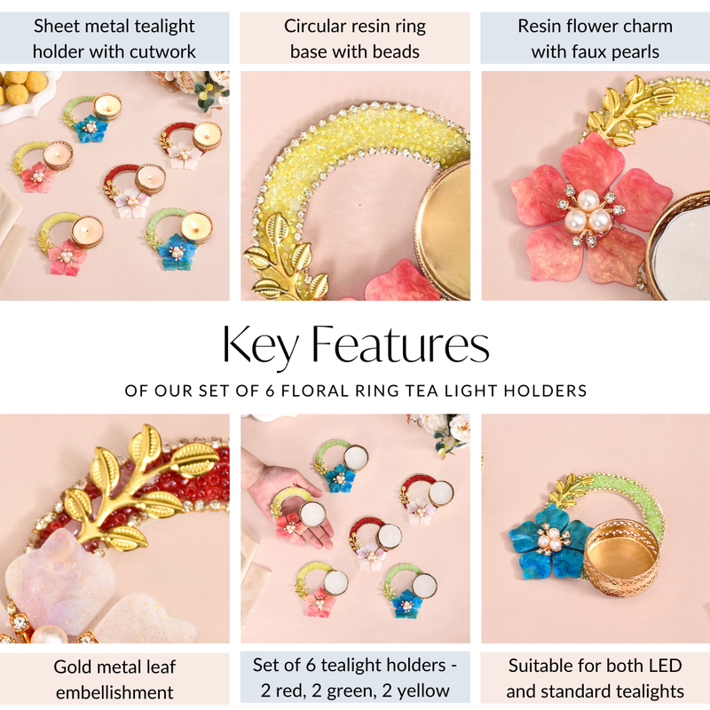 Set Of 6 Floral Ring Tea Light Holders