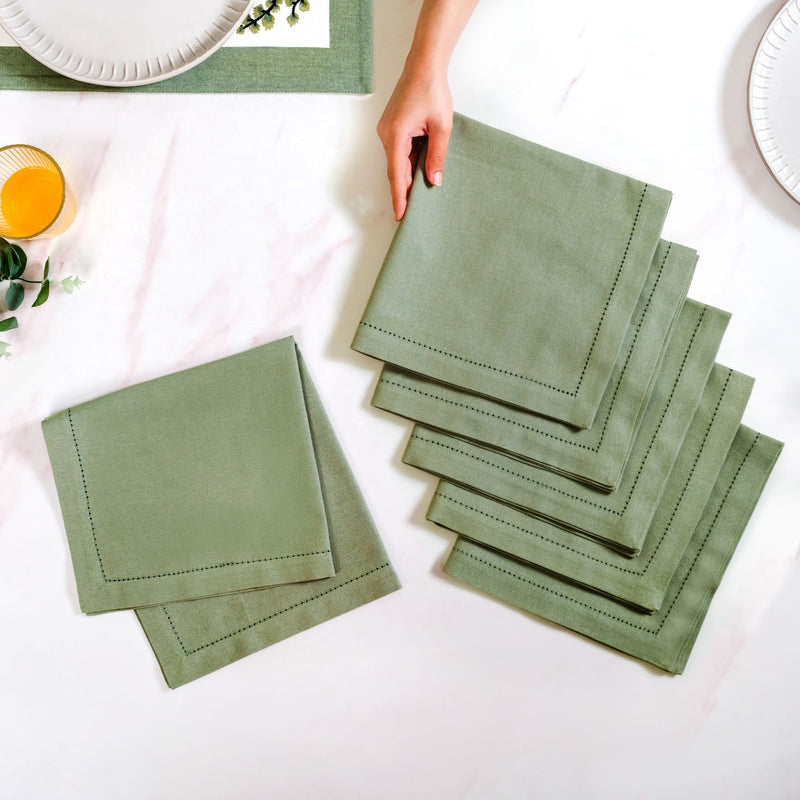Midori Premium Cotton Hemstitched Dinner Napkins Set Of 6 In Sage Green