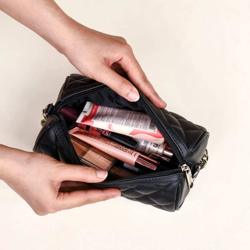 Black Cylindrical Quilted Mini Barrel Bag