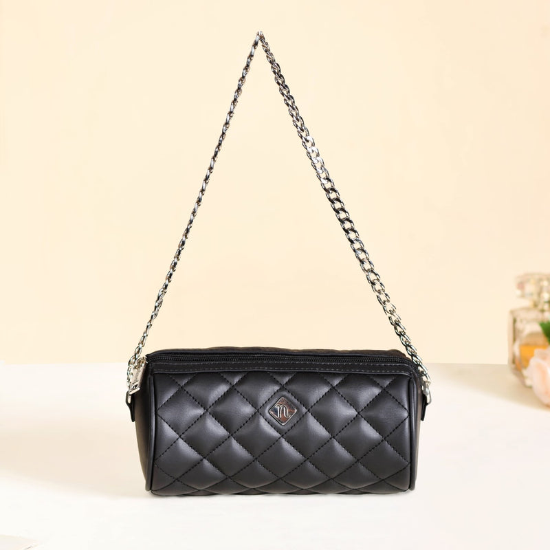 Black Cylindrical Quilted Mini Barrel Bag