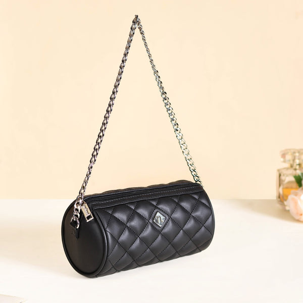 Black Cylindrical Quilted Mini Barrel Bag