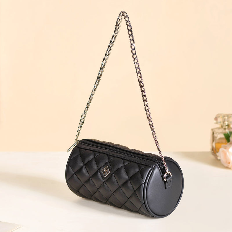 Black Cylindrical Quilted Mini Barrel Bag