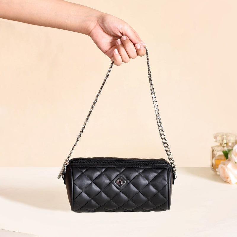 Black Cylindrical Quilted Mini Barrel Bag