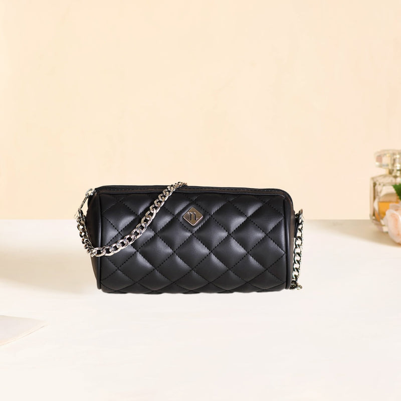 Black Cylindrical Quilted Mini Barrel Bag