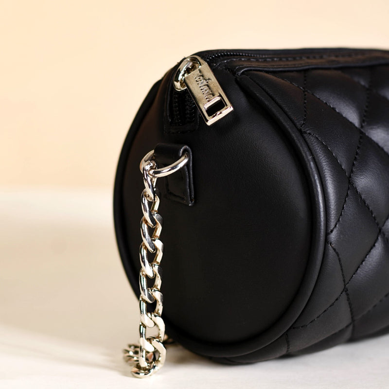 Black Cylindrical Quilted Mini Barrel Bag