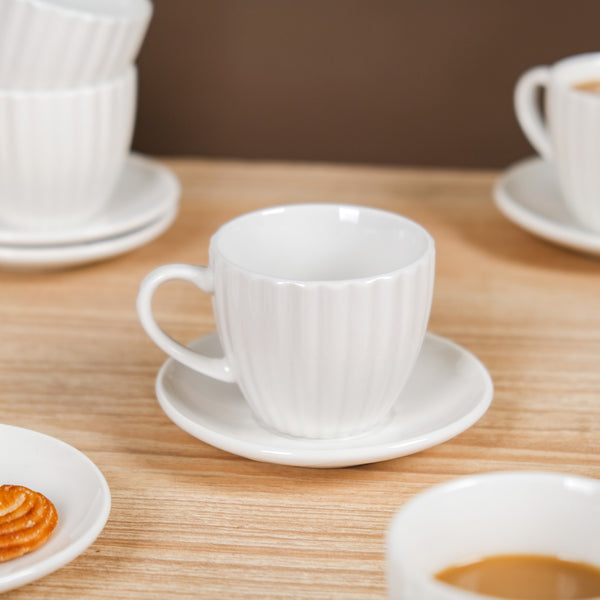 Fluted Ceramic Small Tea Cup And Saucer Set Of 6 100ml