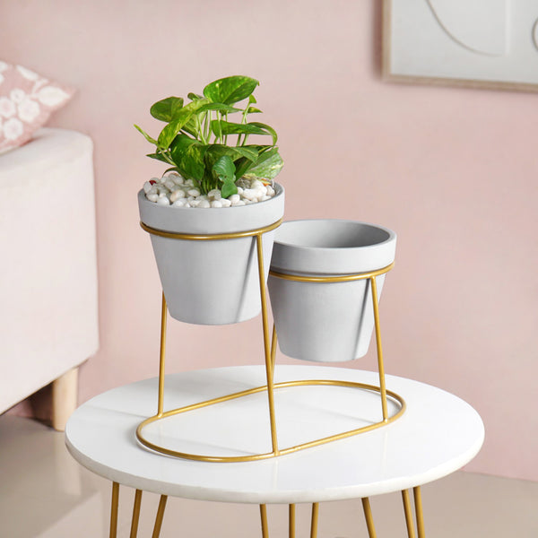 TerraDuo Grey Planters Pair With Gold Stand