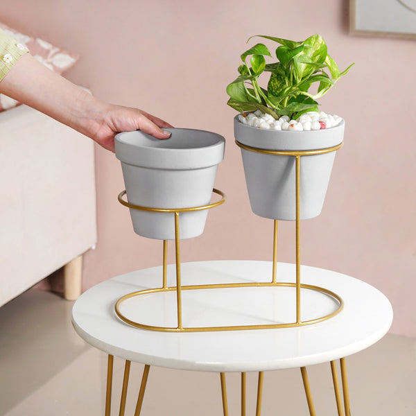TerraDuo Grey Planters Pair With Gold Stand