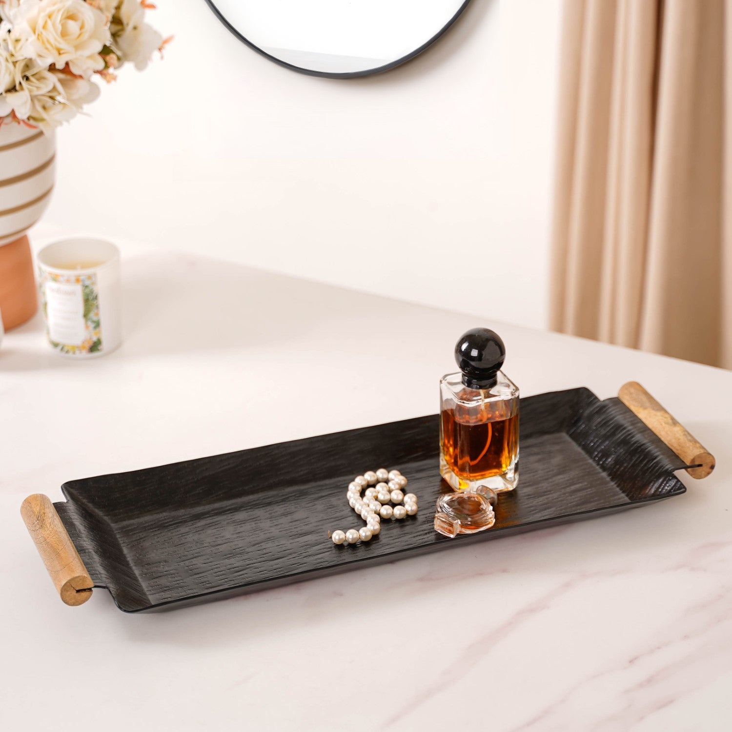 Matte Black Rectangle Metal Tray With Wooden Handle 19x6 Inch